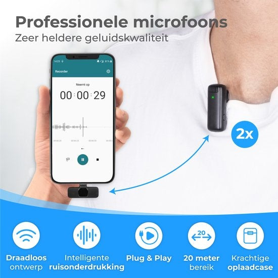 Nuvance - Draadloze Microfoon - 2 Stuks met Oplaadcase - Incl. Lighting Converter - Dasspeld Microfoon - Usb C - Lavelier Microfoon - Plug & Play