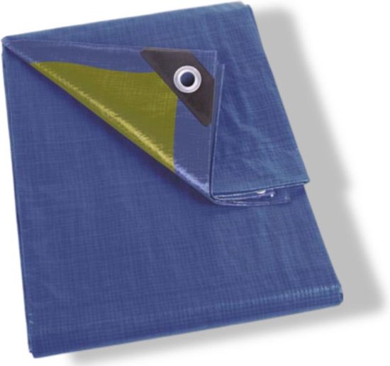 Perel Dekzeil, sterk, 14 ringen, versterkte hoeken, rechthoekig, blauw/groen, 110 g/m², 3 x 4 m