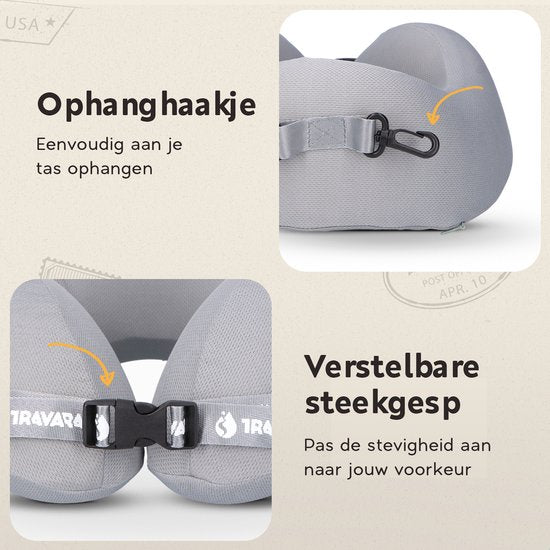 TRAVARA Nekkussen The Airhugger - Reiskussen - Voor Vliegtuig - Auto kussen - Traagschuim - Opblaasbaar en Memory Foam Combinatie - Lichtgrijs