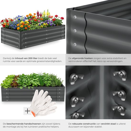 tectake® Verhoogde Plantenbak - 120 x 60 x 30 cm - 200 L - Plantenbakken voor Buiten - Kweekbak - Moestuinbak - Verzinkt Staal - Open Bodem - Kruidentuin - Tuinbak - Ergonomisch