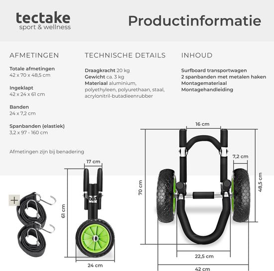 tectake® Opvouwbare Transportkar voor Surfplank - Ruimte voor 1 Board - Trolley voor Opblaasbaar SUP Board - Karretje voor Opblaasbare Kano of Kajak - Buggy voor Stand-up Paddle of Surfboard