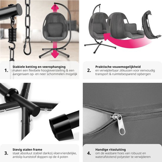tectake® Hangstoel met frame - Schommelstoel met kussen + rugkussen - Meubels voor woonkamer of slaapkamer - Balkonmeubilair - Binnen of buiten - Tot 160kg - Antraciet