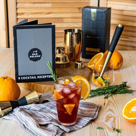 BarDeluxe® Cocktail Shaker Set - 5-Delig Boston Shaker - Cocktail Set met Stamper, Zeef, Barlepel & Receptenboek - Inclusief Luxe Geschenkdoos - Goud