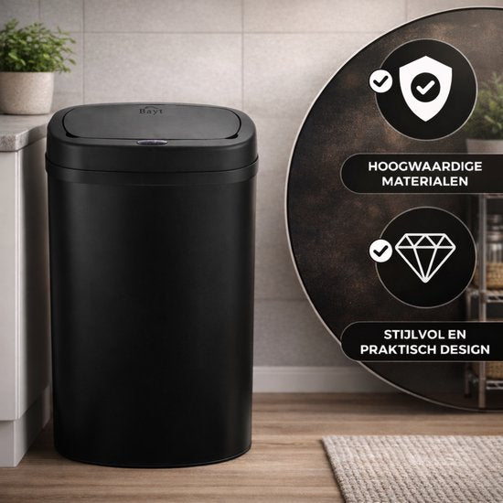 Bayt Prullenbak - Prullenbak 60 Liter - Prullenbak met Sensor - Vuilnisbak - Afvalbak - Metaal - Zwart