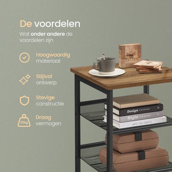 O'DADDY® Bijzettafel Vierkant - Bijzettafels - Nachtkastje - Bijzet tafel - Bijzettafeltje - Kleine Banktafel - Salontafels - Laptoptafel - Koffietafel Industrieel - Tafeltje - Verstelbare Roosterplanken - 40x40x55 cm - Vintage Bruin/Zwart