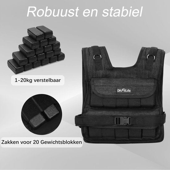 DH FitLife Verstelbaar Gewichtsvest 20 KG, Compact en Stabiel voor Spieropbouw en Krachttraining, Verzwaarde vest, Hardloopvest voor Dames en Heren, Fitnessvest, Trainingsvest