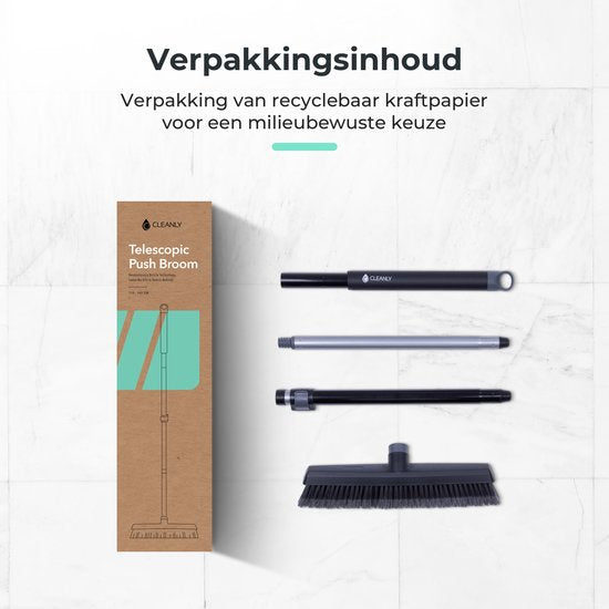 CLEANLY Bezem Binnen en Buiten met Telescopische Steel 115-142 cm - Borstel met Steel - Straatbezem - Kamerveger - Zaalveger - Zachte Bezem - Binnen Bezem - Breedte 35 cm - Zwart, Grijs