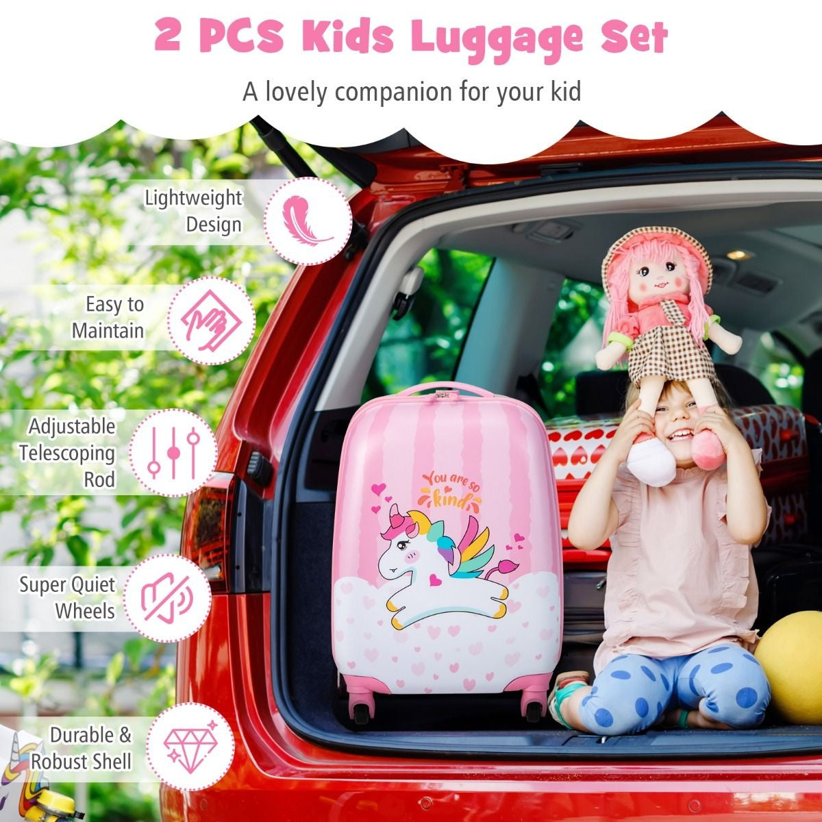 Coast 2-Delige Kinderkofferset Trolley + Rugzak - Eenhoorn Roze - 32cm (L) x 22cm (B) x 40cm (H)
