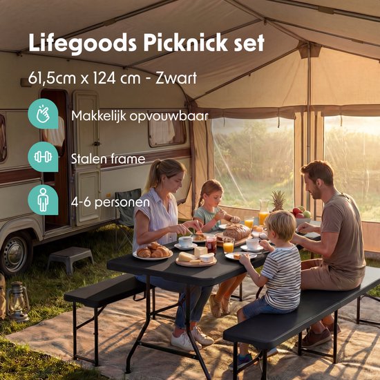LifeGoods Inklapbare Picknickset - 124cm x 61,5cm - Tuintafel met 2 Banken - Weerbestendig - Campingtafel - Biertafel Opklapbaar - Voor Binnen en Buiten - Voor 4 tot 6 Personen - Zwart