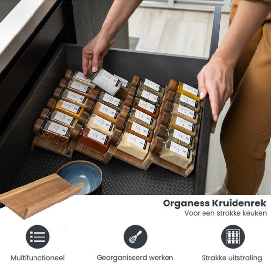 Organess Kruidenrek met 28 Kruidenpotjes - Kruidenrek Lade - Kruiden Organizer - Keukenlade organiser- Complete Set - 4 Stuks - Acacia