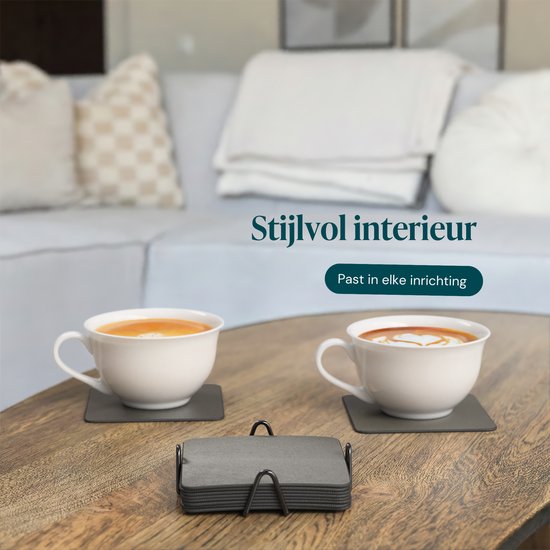 Castagnola Kunstlederen Onderzetters – Onderzetters voor Glazen – Design Onderzetters met Houder – Leren Onderzettersset met metalen houder – Leder – Set van 10 - Grijs - 10x10cm