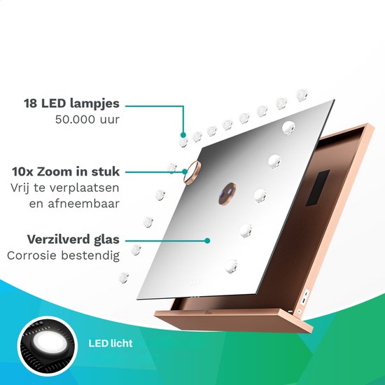 Mirlux Hollywood Spiegel 80x60CM - 2 Bluetooth Speakers - USB & USB-C oplaadpoorten - LED Verlichting - Make Up Spiegel - 10x Zoom - Ophangbaar - Rosé Goud