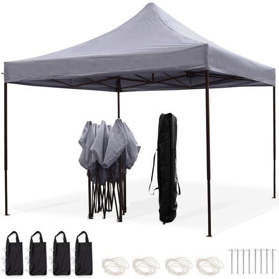 LifeGoods Partytent - Paviljoen - EasyUp - Opvouwbaar - Waterdicht - Met Draagtas met wieltjes - 300 x 300 cm - Donkergrijs