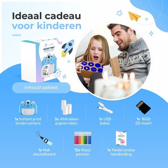 AyeKids Instant Print Kindercamera - Thermische Mini Printer - Fotoprinter - Inclusief 3 rollen & 12 Kleur Stiften - Blauw