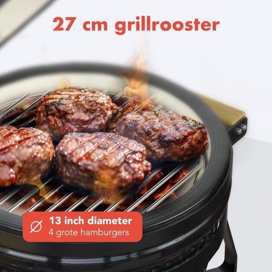 KitchenBrothers Kamado BBQ– Incl. Accessoires & Pizzasteen – 50 x 38,5 x 47 cm – Zwart