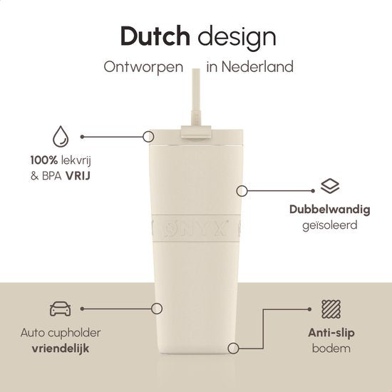 ONYX Drinkfles met Rietje 700ML - Waterfles voor Kinderen & Volwassenen - Thermosbeker Travel Mug - Motiverende Drinkbus - Drinkbeker voor School - Beige