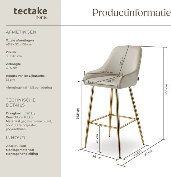 tectake® - Set van 2 Barkrukken Avane - Gestoffeerde Barkruk met rugleuning - Barstoelen - Ergonomische Barstoel met voetensteun - Eetkamerstoel met fluweellook bekleding - Stevige stalen poten met antislip vloerbescherming - Crème/Goud
