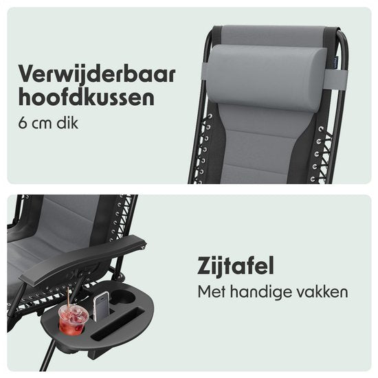 LifeGoods Ligstoelen Comfort - Opvouwbaar - 30°-90° Verstelbaar - Beker en Telefoonhouder - Tuinstoelen - Zwart/Grijs