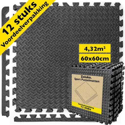 Zoluko Puzzelmat - 60x60x1.2 cm - 12 stuks - 4.32m² - Puzzel Mat - Puzzelmatten - Speelmat Foam - Baby speelmat - Foam Tegels - Rubber Tegels - zwembad tegels - zwembadtegels - Vloertegels - fitnessmat - fitness mat - Yoga Mat - Thuis Sporten – Zwart