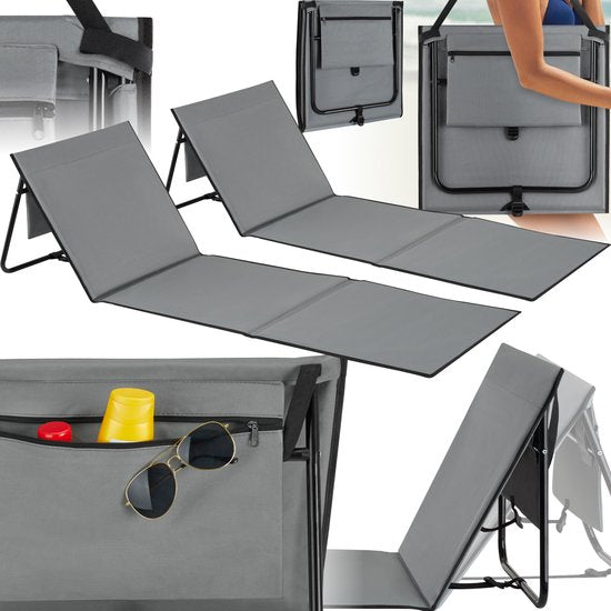 tectake® Strandmat - Set van 2 opvouwbare ligmatten met verstelbare rugleuning, draagriem en opbergvak - Ideaal voor strand, camping of tuin - Lichtgewicht en onderhoudsvriendelijk - Grijs