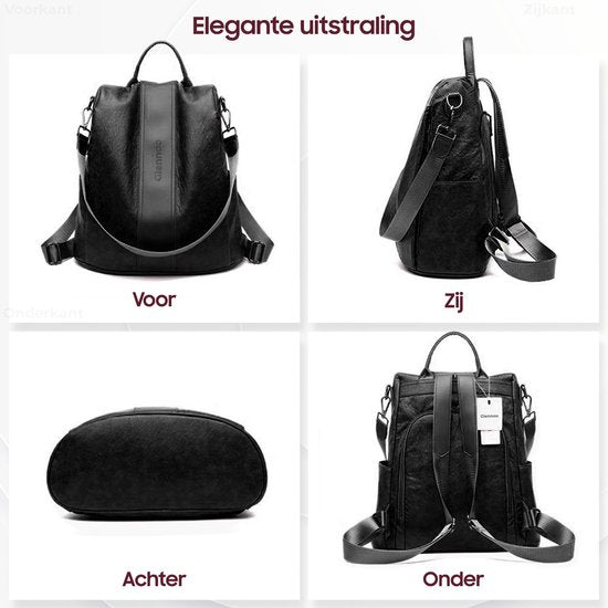 Glennoo Anti-Diefstal Rugzak En Schoudertas – Voorzien Van Verborgen Rits En Waterafstotend PU-Leer En Versterkte Handgreep – Voor Reizen En School – Zwart PU-Leer – 33 x 14 x 32 cm