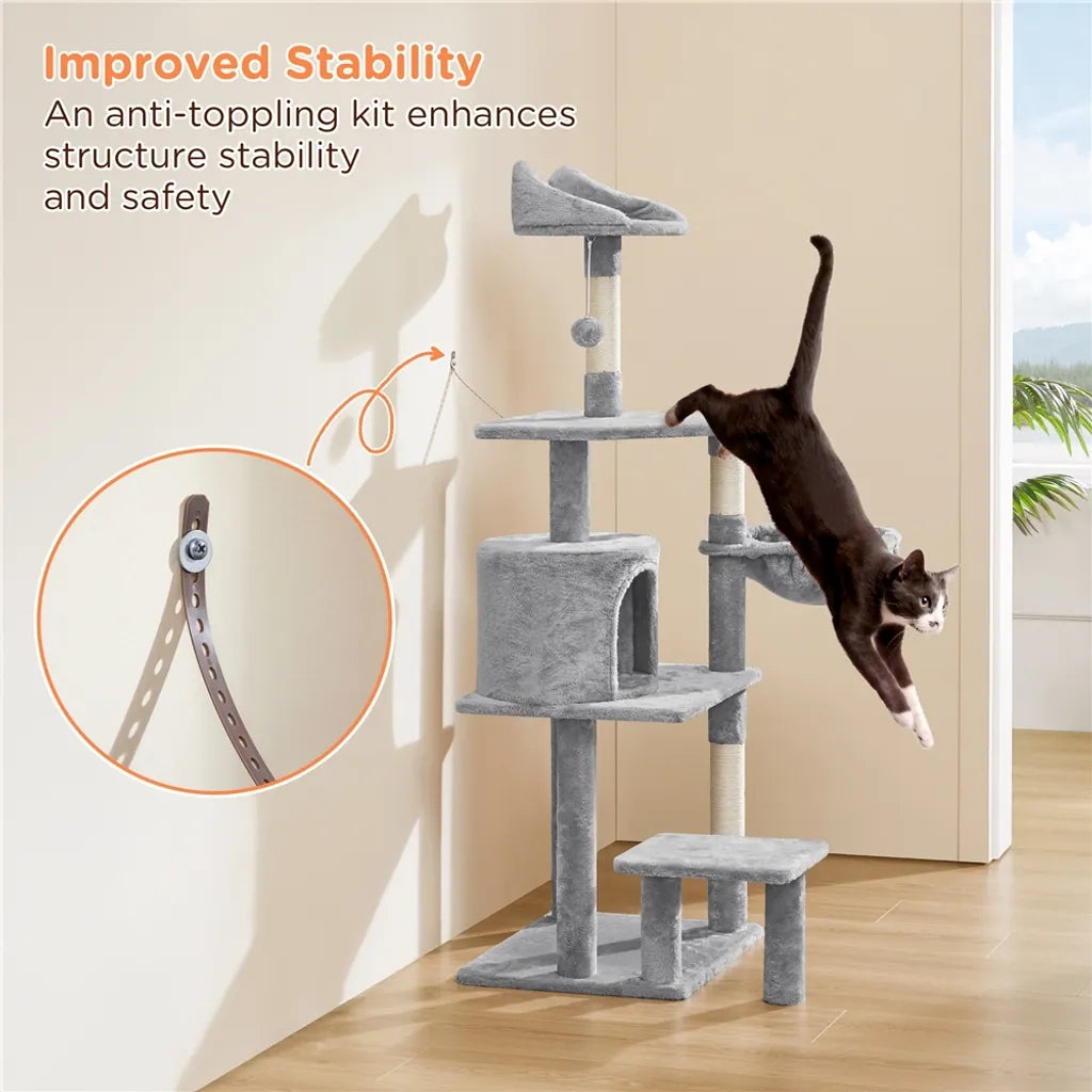 Yaheetech Krabpaal 145 cm - Lichtgrijs - Kattenboom met Kattenhuis, Hangmand en Uitkijkplatform