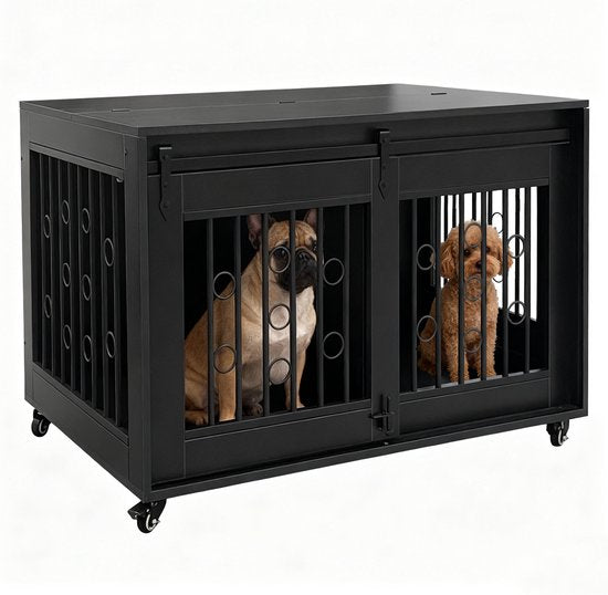 Hondenhok op wieltjes - bench voor 2 honden verrijdbaar - hondenbech - voor puppy en kleine honden - 2 afzonderlijke ruimtes
