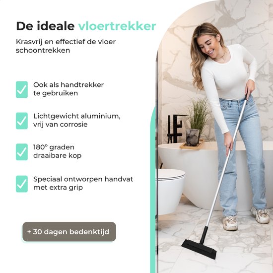 CLEANLY Vloertrekker met Steel 130 cm - Vloerwisser Badkamer en Trekker Douche - Douchewisser - Watertrekker - Breedte 34 cm - Zwart, Grijs