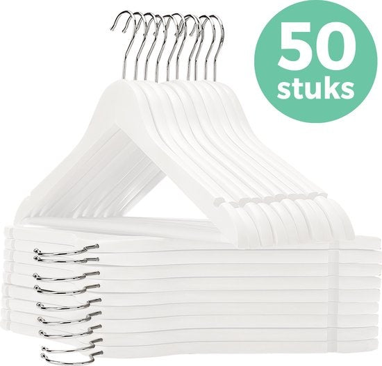 LifeGoods Kledinghangers - Met Broeklat - Hardhout - Wit - 50 Stuks