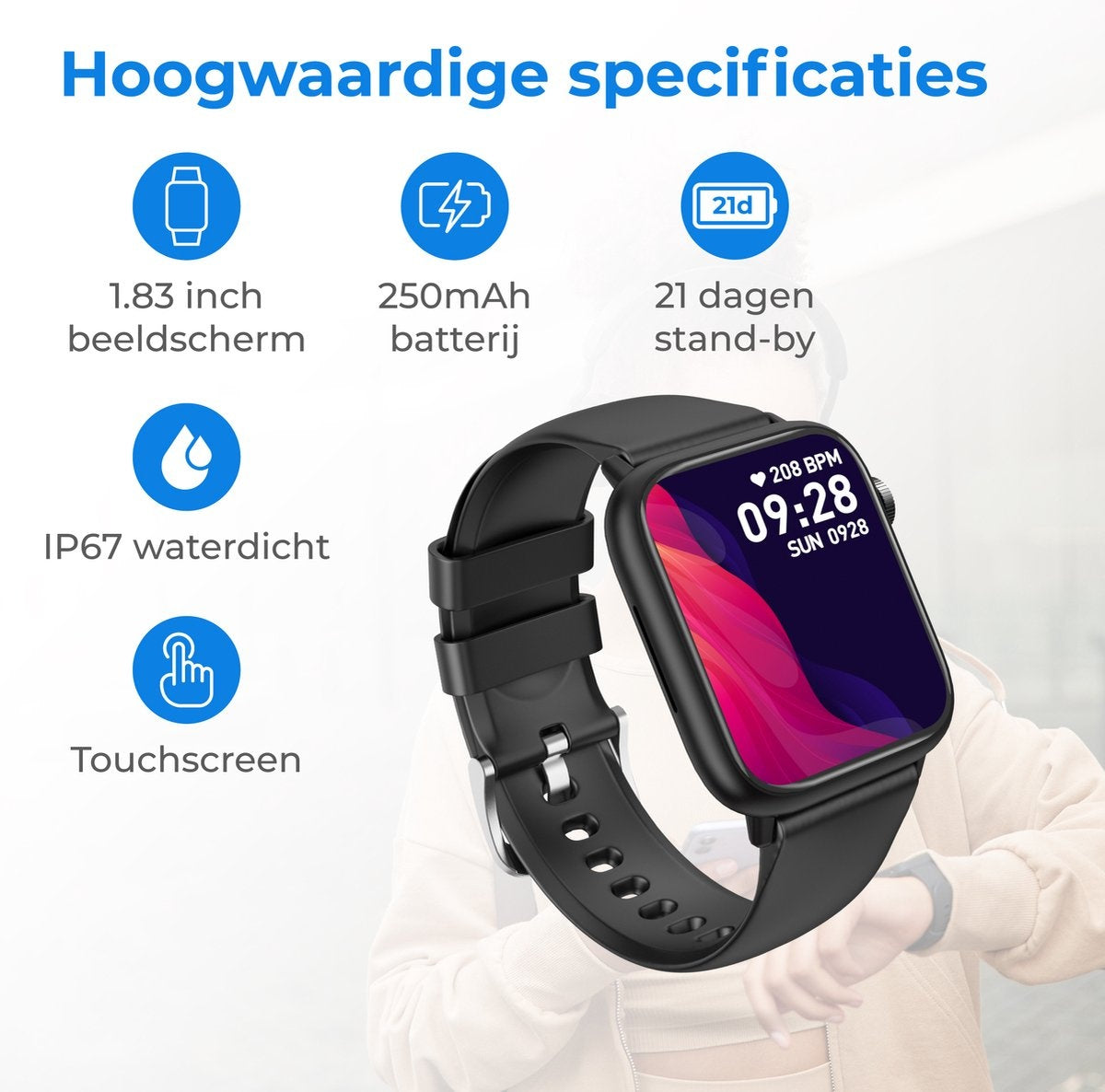 Nuvance - Smartwatch Heren & Dames met Bluetooth - 45mm - Geschikt voor alle Smartphones - Stappenteller en Hartslagmeter - Waterdicht - Zwart