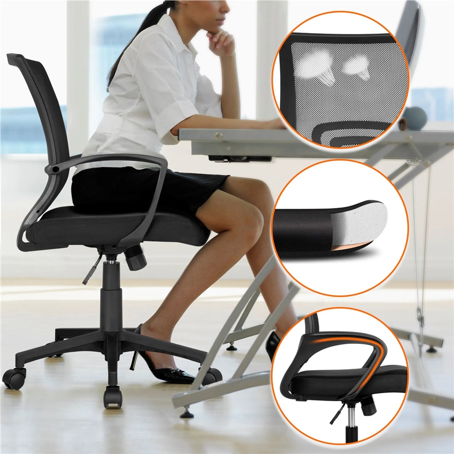 Yaheetech Bureaustoel Ergonomisch – Voorzien Van Ademende Meshstof En Schommelfunctie En Verstelbare Zithoogte – Voor Kantoor En Studeerkamer – Zwart Nylon En Metaal – 60 x 60 x 91-100,5 cm