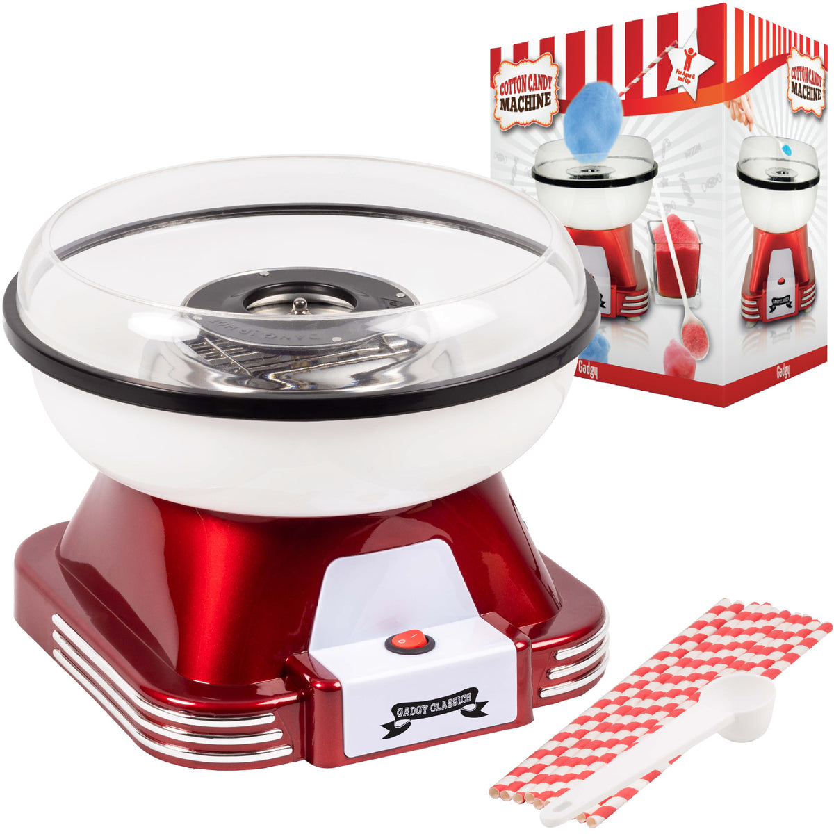 Gadgy Suikerspinmachine Retro, met 10 Stokjes en Maatlepel - Suikerspinmakers - Snoep - Kinderfeestje - Suikerspin Suiker - Cotton Candy - Suikerspinmachines