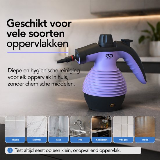 Infinity Goods Stoomreiniger - 12-in-1 Handstoomreiniger - Handstomer - Vlekkenreiniger - Tapijtreiniger - 10 Opzetstukken - 1050 Watt - 3.2 Bar - Paars