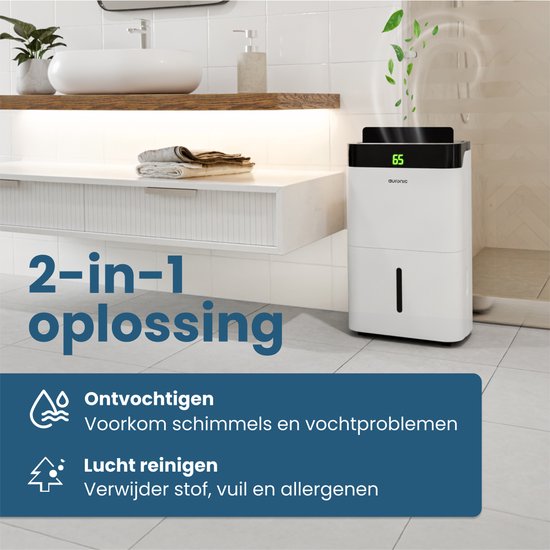 Auronic Luchtontvochtiger en Luchtreiniger - Better Plus Series - Ontvochtigt 12L per dag - 5L Waterreservoir - Slaapkamer, Badkamer, Woonkamer en Kantoor - Vochtvreter voor in Huis - Wit