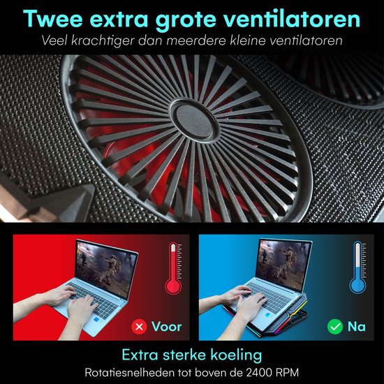 TTD® Laptop Cooler – Verstelbare Laptopstandaard – Gaming Cooling Pad tot 17” – Extra USB-poort – Zwart