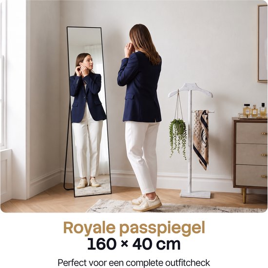 Infinity Goods Passpiegel - Wandspiegel - Staande Rechthoekige Spiegel - Luxe Metalen Rand - 160 x 40 cm - Zwart
