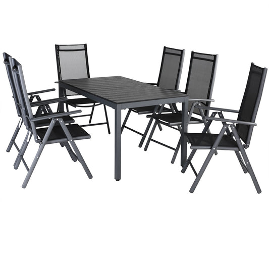 Tuinset 6 + 1 Klapstoelen Tuintafel \/u2013 Aluminium 140x80cm - Grijs