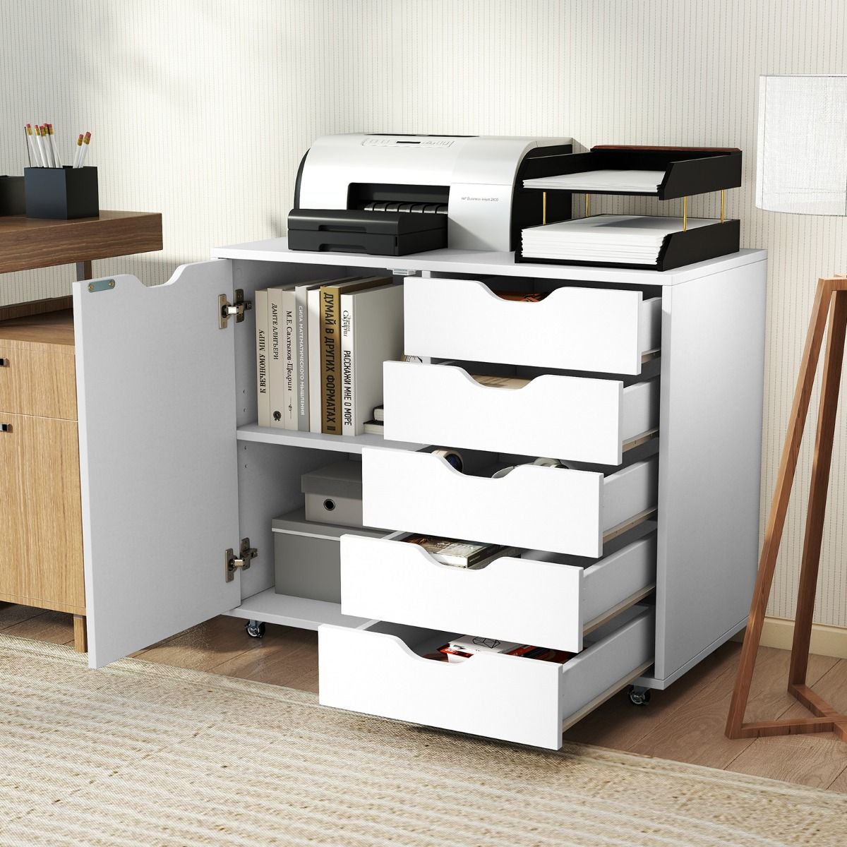 Coast Rolcontainer met 5 lades en deur - verstelbare plank - op wielen - wit 78 x 40 x 65 cm