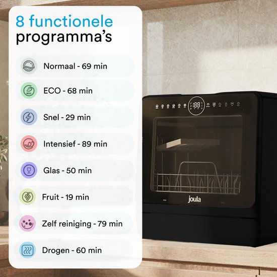 Joula Mini Vaatwasser met Waterreservoir - 8 Wasprogramma's - 5 Couverts - Kleine Smalle Vrijstaande Afwasmachine - Camping - Zwart