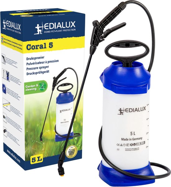 Edialux Coral 5 L druksproeier, drukspuit voor reiniging, ontsmetting en tuinwerkzaamheden, geschikt voor bleekwater, schoonmaakazijn herbiciden, bruine zeep, soda, verwisselbare onderdelen