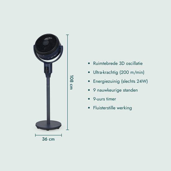 Bloomfold Breeze Ventilator - 108 cm - Midnight Blue - Touch Bediening - 3D Oscillatie - Timer - 9 Snelheidsstanden
