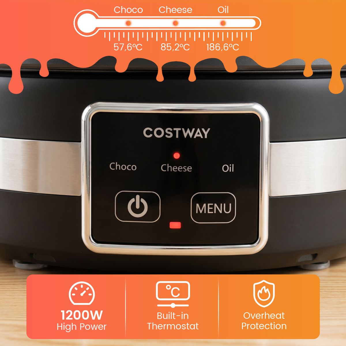 Coast Elektrische Fondueset - 1200 W - Temperatuurregelaar - Afneembare roestvrijstalen pan - Zilver en zwart
