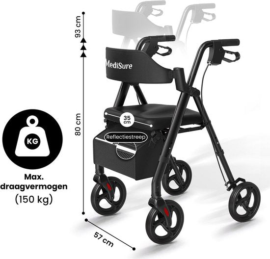 Medisure Rollator - Rollators - Rollator Lichtgewicht en Opvouwbaar - Draagkracht 150 KG - In Hoogte Verstelbaar - Met Tas - Zwart