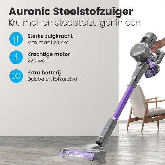 Auronic Steelstofzuiger Draadloos 220W - Draadloze Stofzuiger - HEPA Filter - Zelfstaand - Extra Accu - Op Accu - Zonder Zak - Kruimeldief - Vacuum Cleaner - Grijs/Paars