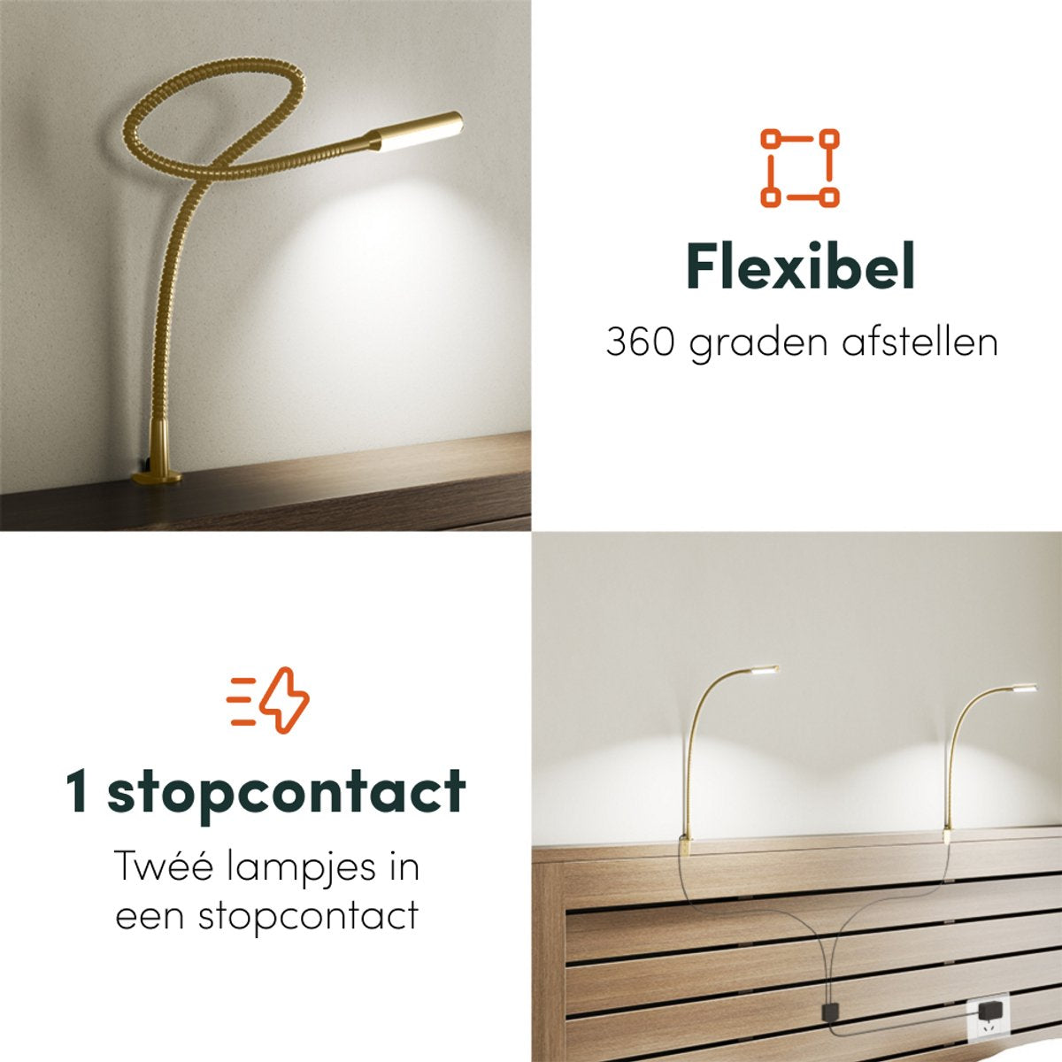 Nolt - Leeslamp Bedlampje - Dimbaar LED, Set van 2, Klem - Hoogte 58 cm - Metaal - Goud