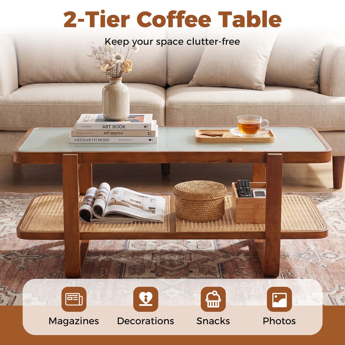 Coast Salontafel - dubbel-laags ontwerp - veiligheidsglas en riet - walnoot - 105 x 50,5 x 45 cm