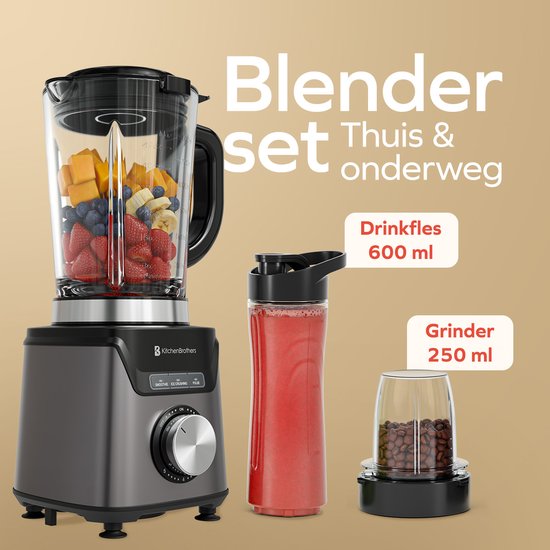 KitchenBrothers Blender Met Drinkfles - 1200W - BPA-vrij - 1.5L - Smoothie Maker - IJscrusher - Grijs