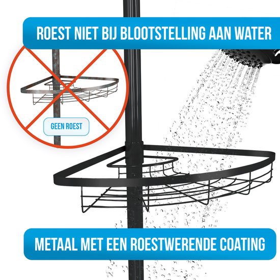 Strex Telescopisch Doucherek Zwart - Verstelbaar 70-275 cm - 4 Mandjes - Robuuste Kwaliteit - Doucherek zonder Boren of Schroeven - Badkamer Rekje