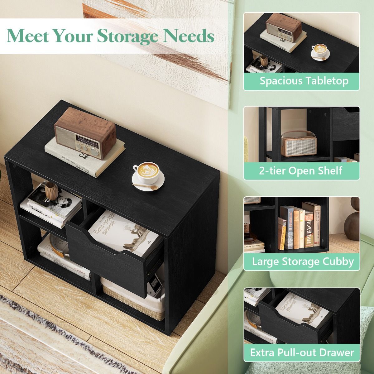 Coast Houten boekenrek met lade - 3 open vakken - zwart - 60 x 30 x 53 cm