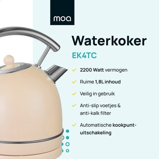 MOA Waterkoker Retro - 1.8L - RVS - BPA vrij - 2200W - 286x202x201 cm - Crème
